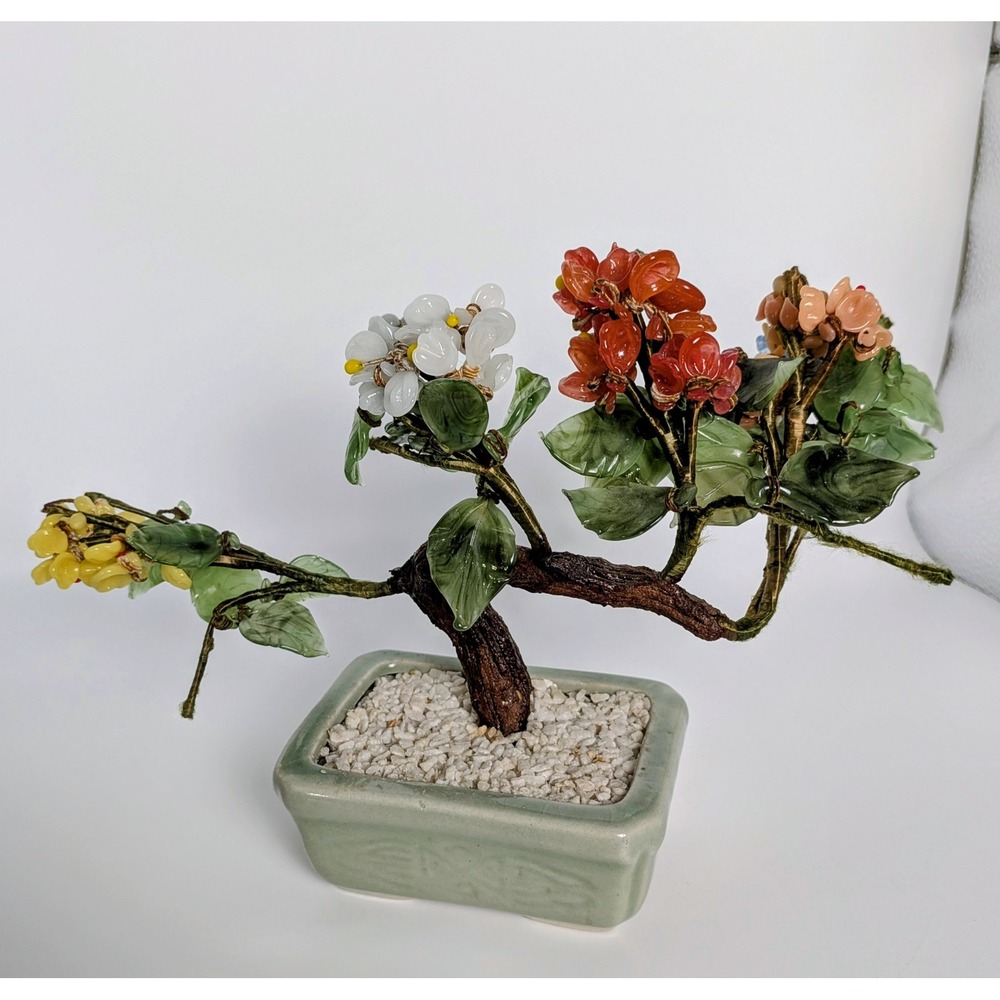Vintage Chinese Jade Stone Glass Bonsai Mineral Tree Multi Color - Picture 8 of 11
